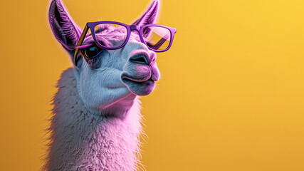 Obraz premium A llama wearing glasses and smiling. The image has a playful and lighthearted mood. a humorous image featuring a lighthearted or amusing involving a llama. Playfully of the meme with a creative visual