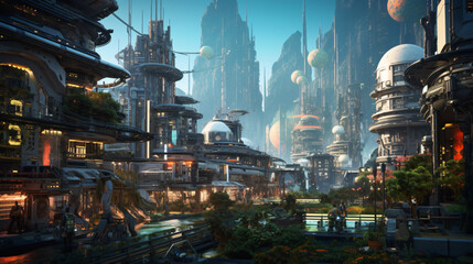 A cybernetic city where robots and humans coexist with
