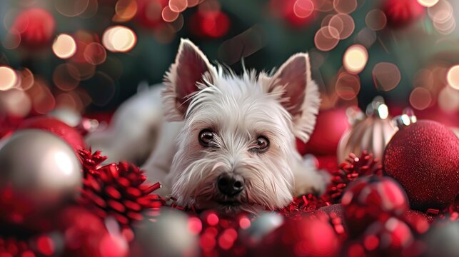 Small White Terrier On Decorative Christmast, Banner Image For Website, Background, Desktop Wallpaper