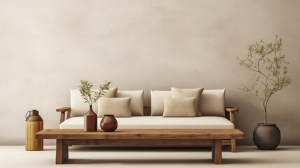 Elegant and modern wooden daybed with comfortable cushions and accompanying vases and greenery in a minimalist setting