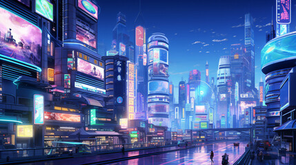 A cybernetic cityscape where holographic advertisement