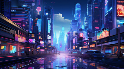 A cybernetic cityscape where holographic advertisement - obrazy, fototapety, plakaty
