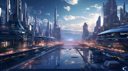 A cybernetic cityscape where towering skyscrapers are
