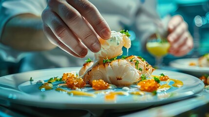 A master chef with impeccable attention to detail as he plates gourmet scallops, focusing on the culinary art and presentation in high-end gastronomy.
