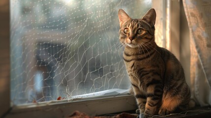 Striped Cat Sitting On Window Net, Banner Image For Website, Background, Desktop Wallpaper