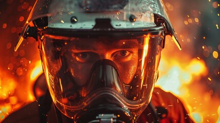 An intense portrait of a firefighter, eyes resolute, as he confronts a raging inferno, fully geared in protective helmet and suit, amidst a shower of sparks.