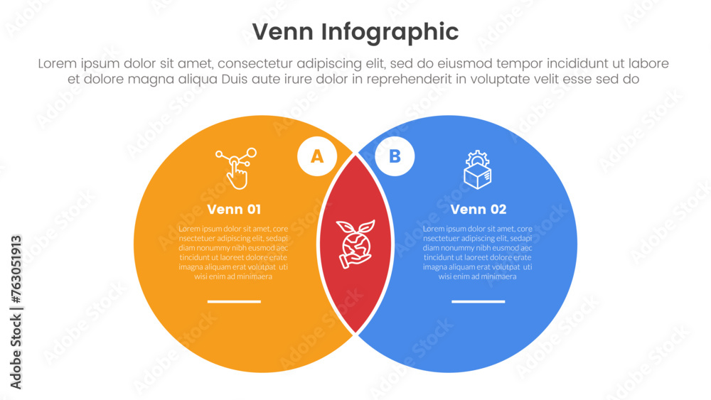 Wall mural venn diagram infographic template banner with big circle and white circle badge with 2 point list in