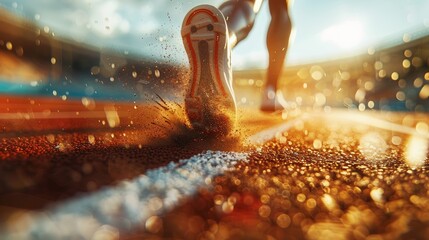 A sprinter’s raw power is perfectly frozen in time as they explode off the starting blocks, leaving a trail of kicked-up track behind.