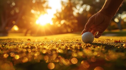The serene moment of positioning a golf ball on a tee during the golden hour, with the warm sunset lighting up a lush golf course - obrazy, fototapety, plakaty