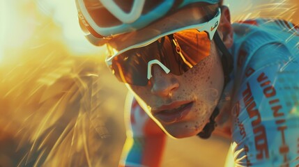 a cyclist's focused gaze as they race through a visually stunning and emotive sunset landscape. - obrazy, fototapety, plakaty