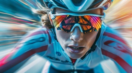 a cyclist's focused gaze as they race through a visually stunning and emotive sunset landscape.