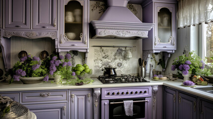 Kitchen purple lavender color white cabinets green