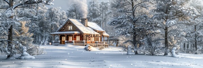 Winter cabin retreat  cozy cabin, snowy mountains, frosted pine trees, warm glow