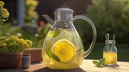 Photo of jug of lemonade in summer ai generative - obrazy, fototapety, plakaty