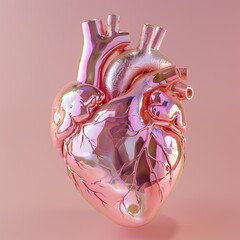 A hyper-realistic showcasing the subtle iridescence of a pink glass anatomical heart set against a harmonious pink background with ample copy space for personalization.