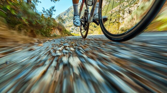 Experience the thrill of mountain biking as captured in this dynamic image of a cyclist speeding downhill on a rugged trail, enveloped by the warmth of a sunset.
