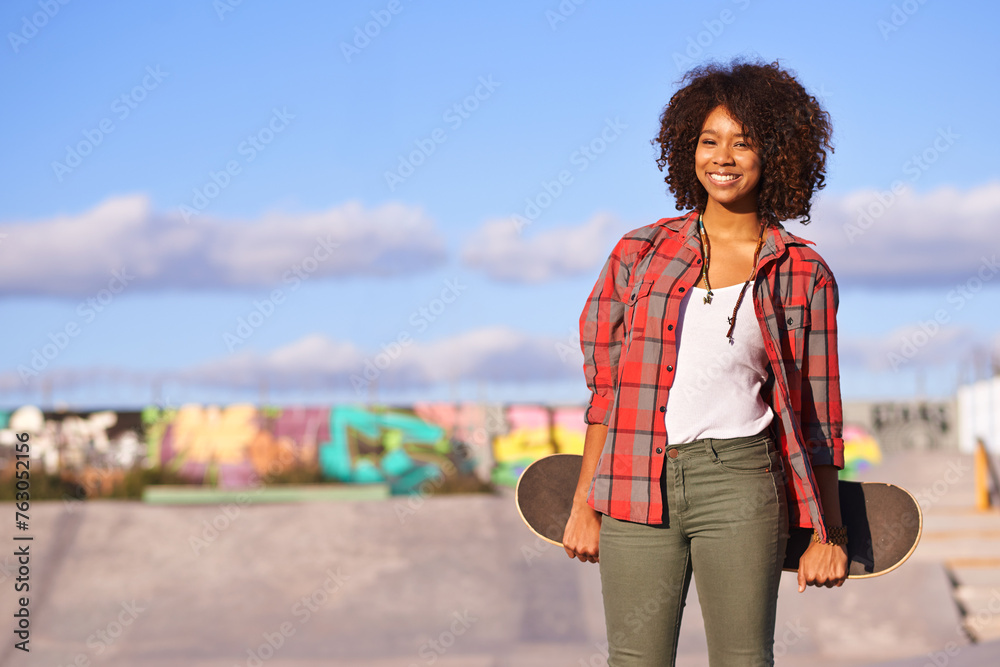 Sticker Skatepark, fashion and portrait of black woman with skateboard in urban town for exercise, training and skating. Skater, smile and happy female person for trendy, edgy and hipster clothing in city