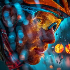 Capture the thrill of high-speed cycling with this vivid image of a cyclist's face reflected in the visor of a helmet, bathed in streaks of light