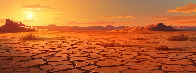 Zelfklevend Fotobehang Cracked desert ground and rocky landscape at sunset. Generative Ai © ArtmediaworX