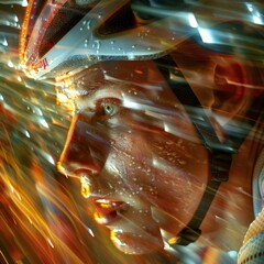 Capture the thrill of high-speed cycling with this vivid image of a cyclist's face reflected in the visor of a helmet, bathed in streaks of light