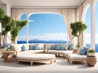 Modern design living room interior photo rendering with large windows and lake view By Alim Graphic