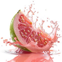 slice of guava with water splashing on it, white background