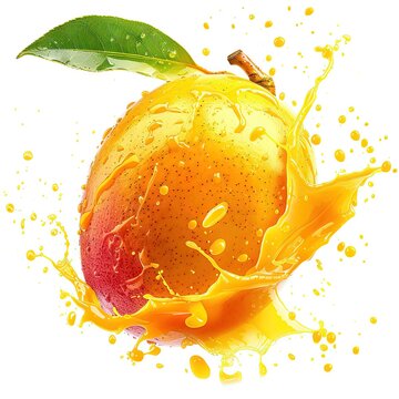 orange mango with juice, white background, splash effect, delicious, juicy and fresh, colorful, vibrant colors
