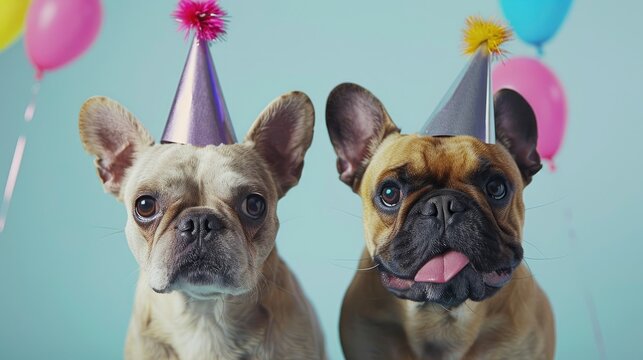 Two Cute Dogs Party Hats Birthday, Banner Image For Website, Background, Desktop Wallpaper