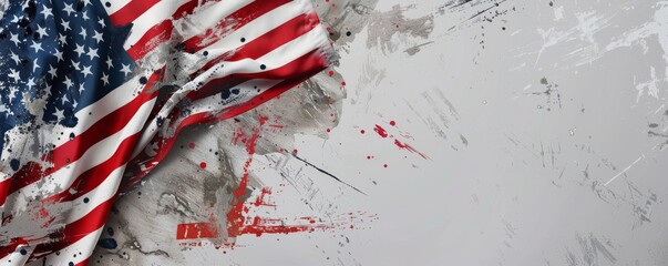 Abstract flag of United states of America made from watercolor paint splashes in red and blue colors with stars. USA national holiday concept background. Template for banner.