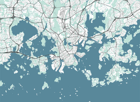 Map of Helsinki, Finland. Detailed city map, metropolitan area.