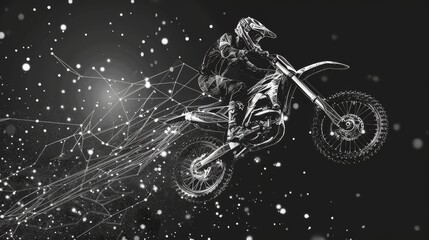 Abstract 3D motocross rider jumping with dots, lines, and stars