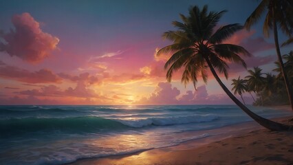Beautiful view of beach in summers with pink hue sunset ai generative