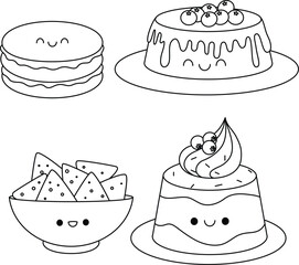 Set of Matcha Cake Mousse, Flan with Berries Cream, Chip Potato Handdrawn Dessert Doodle Drawing Coloring Page Vector Illustration