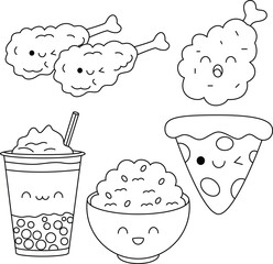 Set of Cute Kawaii Fried Chicken Thigh Leg, Rice, Pizza, Bubble Milk Tea Dessert Doodle Drawing Coloring Page Vector Illustration