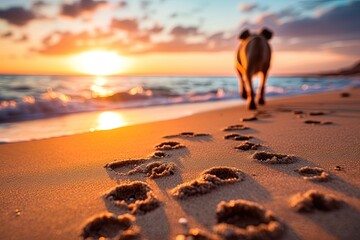 Dog footprints at the sandy beach with sun setting over the horizon. Ai Generative