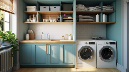 Laundry space with builtin cabinets.