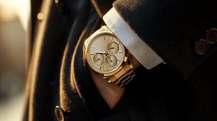 a man in a classic black suit wears a classic gold watch