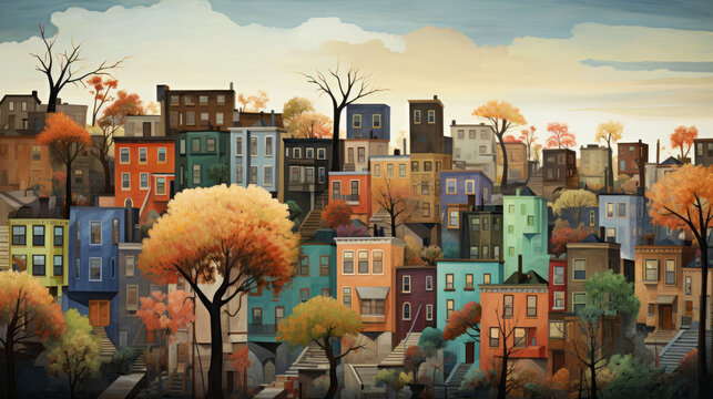 Digital painting of a cityscape with autumn trees and colorful houses.