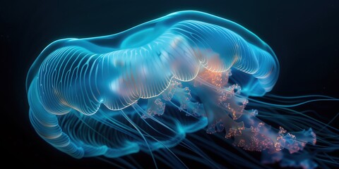Closeup of Several Beautiful Moon Vibrant Bioluminescent Blue Jellyfish