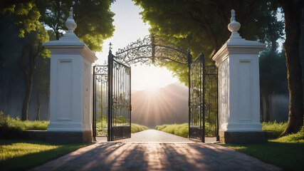  Mysterious gate entrance. New life or beginning concept.  Dream gate to success. AI generated...