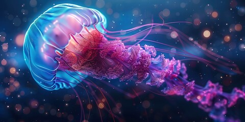 Closeup of Several Beautiful Moon Vibrant Bioluminescent Pink Jellyfish - obrazy, fototapety, plakaty