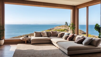 Fototapeta premium Modern design living room interior photo rendering with large windows and lake view By Alim Graphic