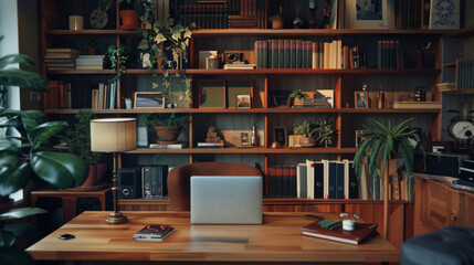 Home office with wooden shelves and laptop placed on desk