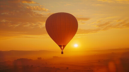 Hot air balloon floats in the golden sunset sky  - Powered by Adobe