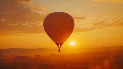 Obraz premium Hot air balloon floats in the golden sunset sky 