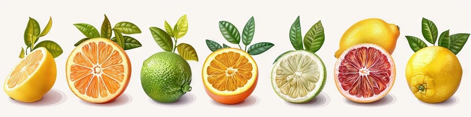  set of illustrations showing the various colors and shapes of citrus fruits, such as lemons, oranges, and limes, with a white background. The whole is arranged in sequence from left to right 