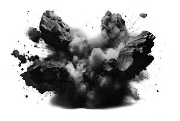 Exploding black rock with smoke and dust on empty transparent background. Isolated brush. Generative ai - obrazy, fototapety, plakaty