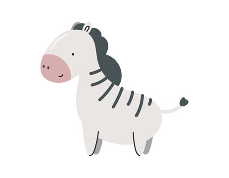 Cute zebra. Flat cartoon vector illustration isolated on white background. For card, posters, banners, printing on the pack, printing on clothes, fabric, wallpaper, textile or dishes.