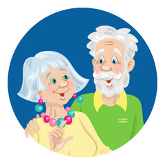 Avatar icon of a cute elderly couple. Adult man and woman hugging. Vector illustration in dark blue circle. Isolated on white background.