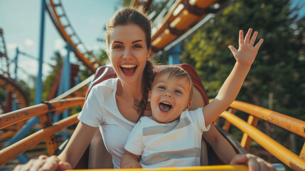 Fototapeta na wymiar Happy young mother with her cute little boy riding a roller coaster at summer theme park , Generative AI